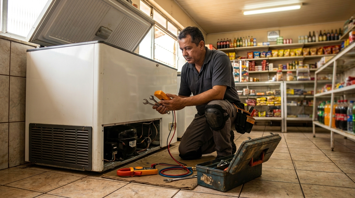 Técnico realizando manutenção de motor de freezer em Anápolis‑GO