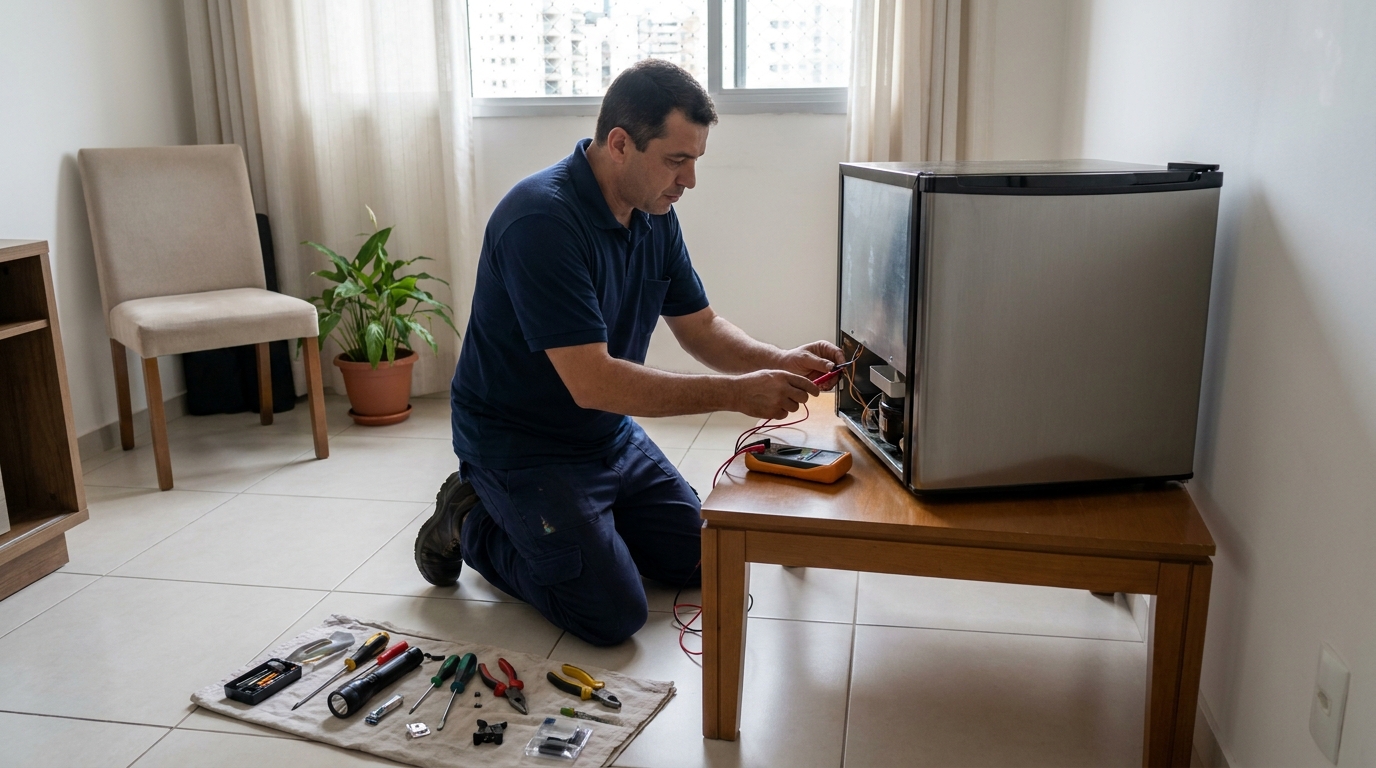 Técnico realizando manutenção de motor de frigobar em Anápolis‑GO